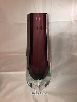 Murano 8 Faceted Sommerso Purple And Clear 11.5 vase diamond cut vintage