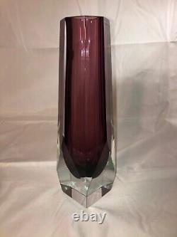Murano 8 Faceted Sommerso Purple And Clear 11.5 vase diamond cut vintage