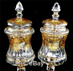 N511 Pair Lidded Cut Glass Gilt Urns Vases Pokels Vases Portugese Marinha Grande