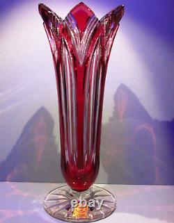 NIB 11 Inch CAESAR CRYSTAL Red Vase Hand Cut to Clear Overlay Czech Bohemian