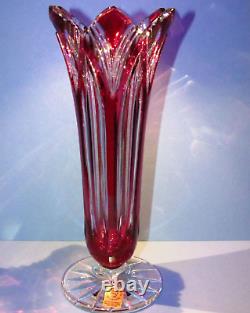 NIB 11 Inch CAESAR CRYSTAL Red Vase Hand Cut to Clear Overlay Czech Bohemian
