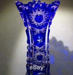 NIB 9 CAESAR CRYSTAL Blue Vase Hand Cut to Clear Overlay Czech Bohemian Cased