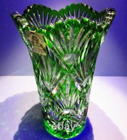 NIB CAESAR CRYSTAL Green Vase Hand Cut to Clear Overlay Czech Bohemia Cased