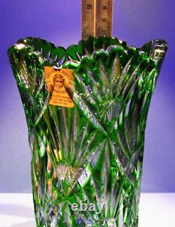 NIB CAESAR CRYSTAL Green Vase Hand Cut to Clear Overlay Czech Bohemia Cased