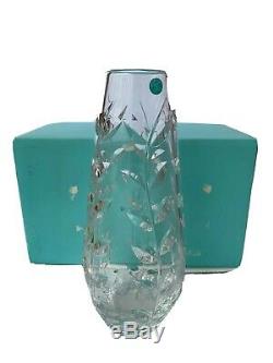 NOS Authentic Tiffany & Co Hand Cut Crystal Glass Floral Vine Vase 12 Tall
