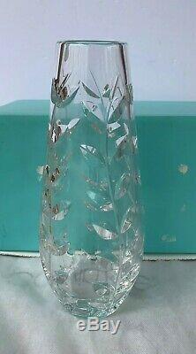 NOS Authentic Tiffany & Co Hand Cut Crystal Glass Floral Vine Vase 12 Tall