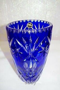 NWT Melnik Bohemian Czech CRYSTAL VASE Cobalt Blue Cut to Clear Glass