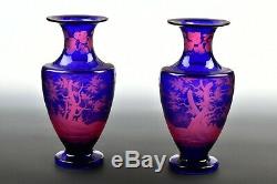 New England Glass Co. Cobalt Cut to Cranberry Cut Vases Engraved Deer Signed