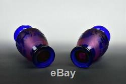 New England Glass Co. Cobalt Cut to Cranberry Cut Vases Engraved Deer Signed