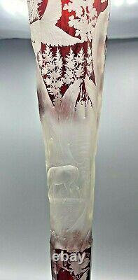 Nineteenth Century Ruby Red Bohemian Intaglio Cut Trumpet Vase B 22 3/8 Height