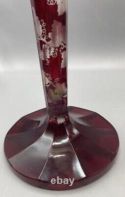 Nineteenth Century Ruby Red Bohemian Intaglio Cut Trumpet Vase B 22 3/8 Height