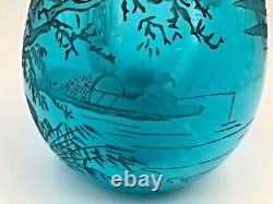 Oriental Thick Glass Vase Cut Back Etched Sky Blue