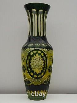 Overlay Vaseline Cut Glass Uranium Vase Bohemian or Val Saint Lambert