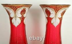 PAIR 14 Antique MOSER Bohemian Cased White Cut to Cranberry Glass Gold Vase Set