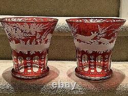 PAIR Antique Large Crystal Red Cut to Clear Bohemian Vases w Deer 8.5 h&w
