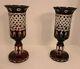 Pair Of Bohemian Cut Crystal Cut To Clear Ruby Glass Candle Holders 12 In