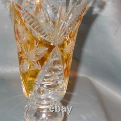 Pair 2 Large Cut To Clear Bohemian Glass Vase Amber Yellow Rose 8.5 Set Czech
