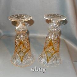 Pair 2 Large Cut To Clear Bohemian Glass Vase Amber Yellow Rose 8.5 Set Czech