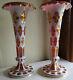 Pair Antique 19th C. White Cut To Ruby Red Bohemian Moser Glass Vases 12 3/8