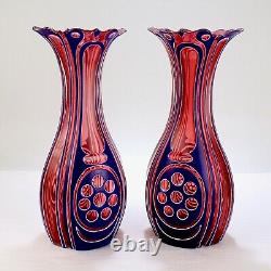 Pair Antique 3-Color Blue, White & Cranberry Overlay Bohemian Cut Glass Vases