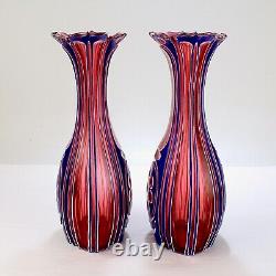 Pair Antique 3-Color Blue, White & Cranberry Overlay Bohemian Cut Glass Vases