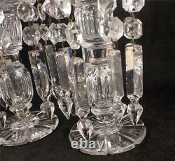 Pair Antique Clear Cut Glass Lustres Hanging Prismatic Drops