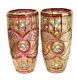 Pair Bohemian Cranberry Red & Clear Hand Painted Enamel Cut Glass Vases, C1910
