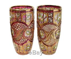 Pair Bohemian Cranberry Red & Clear Hand Painted Enamel Cut Glass Vases, c1910