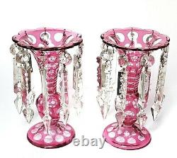 Pair Cranberry Cut to Clear 8 1/2 Tall Lusters Glass Bohemian
