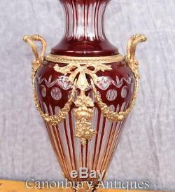 Pair French Empire Cut Glass Amphora Urns Lidded Vases