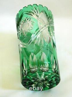 Pair Lausitzer Emerald Green Cut to Clear Vases 8 3/8 GDR Glass Crystal