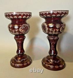 Pair Of Antique Bohemian Cut Back Art Glass Mantel Lusters Vases