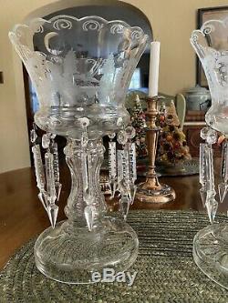 Pair Of Antique Candle Sconces Zipper Cut Crystal And Etched Glass Vases