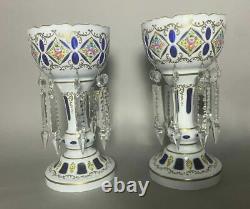 Pair Of Bohemian Cobalt Cut Back Cased Art Glass Mantel Lusters With Prisms
