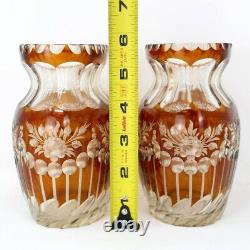 Pair Of Moser Amber Cut To Clear 5.75 Oval Vases