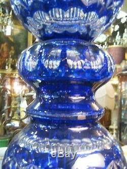 Pair Of Stunning Cobalt Cut-to-clear Bohemian Crystal Vases With Lids 56 High
