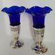 Pair Silverplated Cut Work Trumpet Vases/epergne With Cobalt Blue Glass Inserts