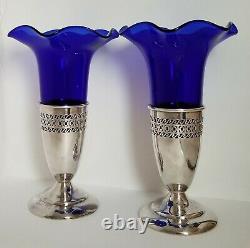 Pair Silverplated Cut Work Trumpet Vases/Epergne With Cobalt Blue Glass Inserts
