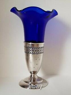 Pair Silverplated Cut Work Trumpet Vases/Epergne With Cobalt Blue Glass Inserts