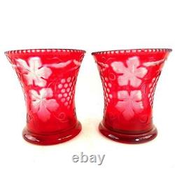 Pair Stevens Williams Stourbridge Glass Cranberry Cut To Clear Vases Grapevines