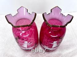 Pair Victorian Mary Gregory Case Ruby Glass Vases 7 Cut Gilded Glass