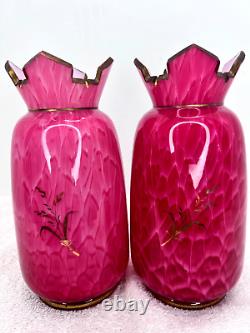 Pair Victorian Mary Gregory Case Ruby Glass Vases 7 Cut Gilded Glass