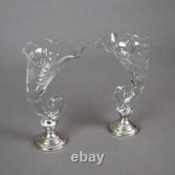 Pair of Antique Cut Glass & Sterling Silver Cornucopia Vases, circa 1920