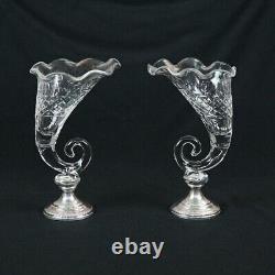 Pair of Antique Cut Glass & Sterling Silver Cornucopia Vases, circa 1920