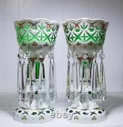 Pair of Antique Czech Bohemian Cut to Green Glass Mantle Hand Painted Lusters