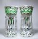 Pair Of Antique Czech Bohemian Cut To Green Glass Mantle Hand Painted Lusters