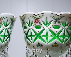 Pair of Antique Czech Bohemian Cut to Green Glass Mantle Hand Painted Lusters