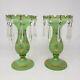 Pair Of Antique Mantle Lusters Green Opaline & Gilt Cut Glass Prisms Vases