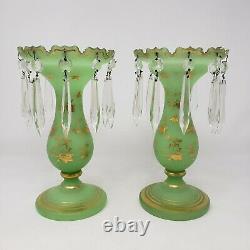 Pair of Antique Mantle Lusters Green Opaline & Gilt Cut Glass Prisms Vases
