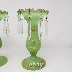 Pair of Antique Mantle Lusters Green Opaline & Gilt Cut Glass Prisms Vases